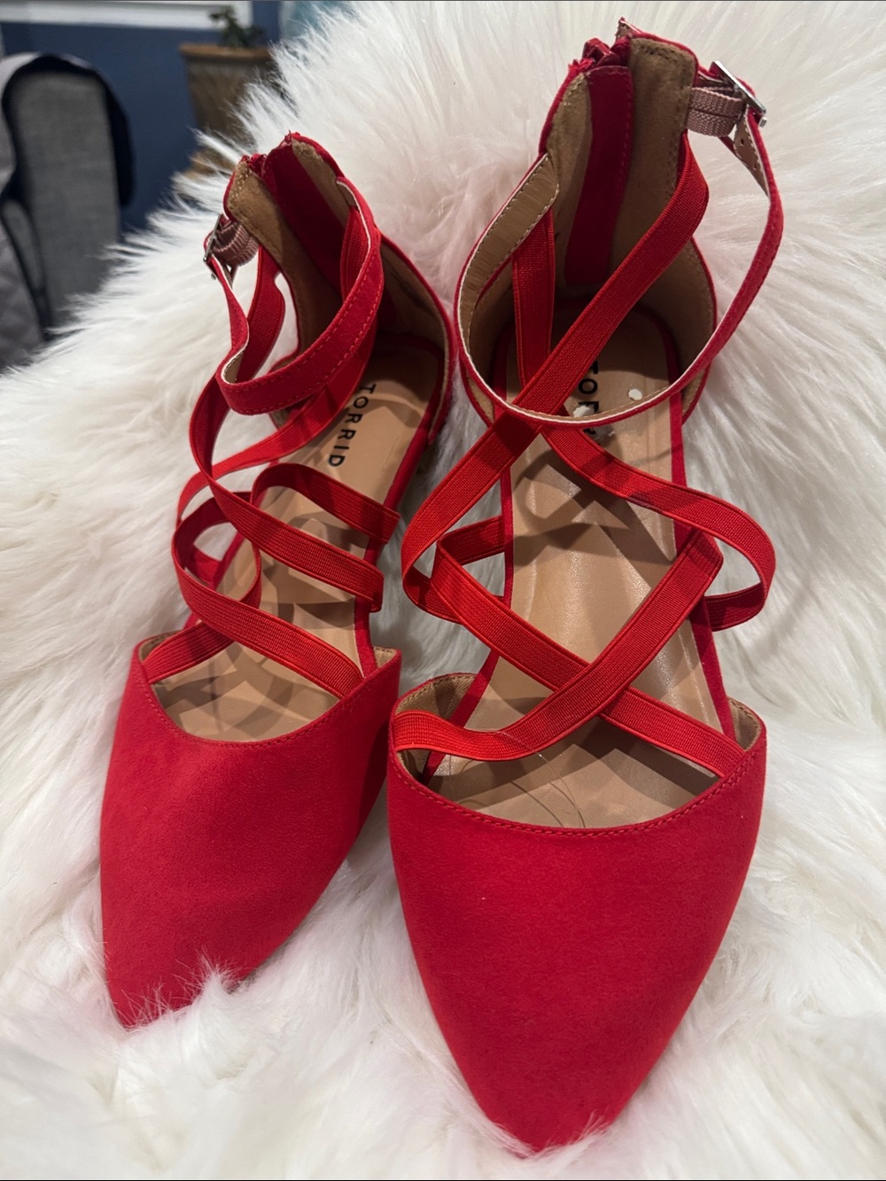 torrid Red Pointed-Toe Crisscross Ankle-Strap Flats